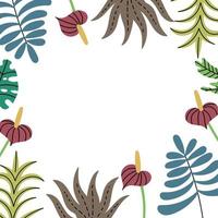 Frame of tropical jungle plants on the sides. Exotic leaves pattern. Editable Vector Illustration