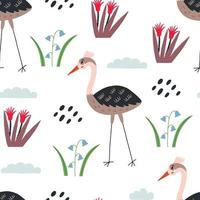 Seamless baby pattern stork grass vector