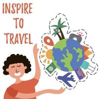 The girl calls to travel around the world. Mass tourism. Inspire to travel vector