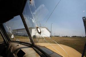 Interior of an abandoned Lions truck in scenic Saskatchewan photo