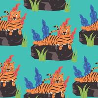 Seamless pattern of a tiger lying on a rock vector