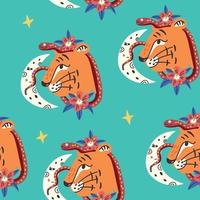 Seamless pattern tiger face snake moon vector