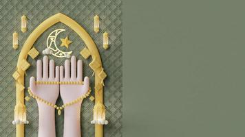 plantilla de página de destino de eid mubarak con ilustración de renderizado 3d de gesto de mano de oración foto