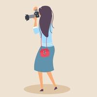 A lady with a handbag takes a picture with a SLR camera in a natural environment. Photographer vector