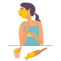 Girl in household conditions hers face with turmeric mask. Cosmetic cleansing and moisturizing procedure. Skin nourishing vector