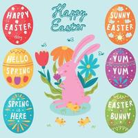 Spring Easter greeting egg and bunny set with flowers vector