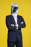 man with horse mask on yellow background photo