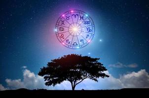 Zodiac signs inside of horoscope circle. Astrology in the sky with many stars and moons  astrology and horoscopes concept photo