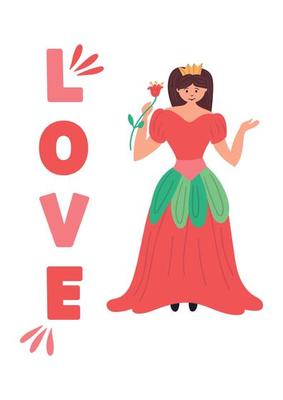 Princess in a red dress with a crown and a rose