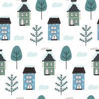 Seamless pattern winter house snowdrop Christmas trees vector