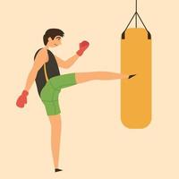 A man strikes with his foot on a punching bag. Boxer strength training. A powerful kick. Individual sport Boxing vector