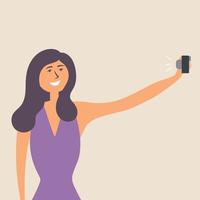 The girl extended her hand with a smartphone and takes a selfie. Photographer vector