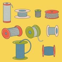 Set of wire spools, thread, alloy, rope reel. Coil. Outline drawing. Flat style vector
