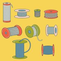 Set of wire spools, thread, alloy, rope reel. Coil. Outline drawing. Flat style vector