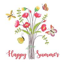 Bouquet with butterflies and lettering happy summer vector