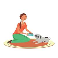 Girl feeding a pug dog vector