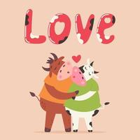 pareja enamorada beso de toro y vaca vector