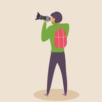 The guy photographs with a SLR camera in a natural environment. Photographer vector