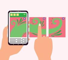 puesto de carrusel en el centro del teléfono. la mano voltea a través de las publicaciones en la red social en la pantalla del teléfono inteligente vector