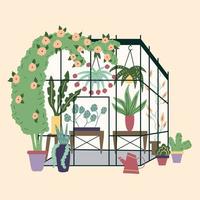 Modern home greenhouse with plants. Garden curly ivy and flower pots. Winter glass garden, house greenhouse with plantation. The room is in green. Gardening on the plot. Vector trending illustration