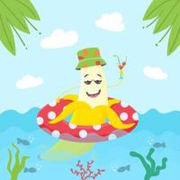 Summer banana character swims in an inflatable circle. Summer character in panama and cocktail. Yellow smiling fruit with peel vector