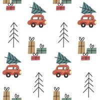Seamless pattern of cars transporting Christmas trees vector