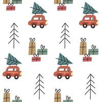 seamless, patrón, de, coches, transporte, árboles de navidad vector