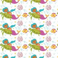 Mermaid sea pattern with turtle and fish vector