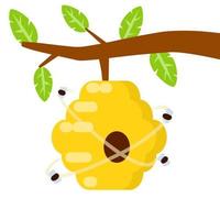 Hive. Yellow beehive. House of wasp and insect on tree. vector