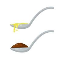 Spoon with food. Teaspoon with chocolate pudding and porridge. vector