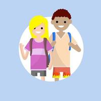 Couple in summer clothes. Students boyfriend and girlfriend with backpacks. vector