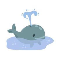 Linda ballena divertida con fuente de agua en el mar o el océano. animal marino. divertido cachalote azul. niños dibujando en estilo escandinavo vector