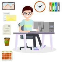 Man sitting at computer in office. vector