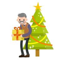 Old man with gift box in hands New year celebration. vector