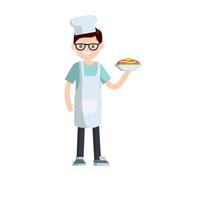 Chef in white apron and cap with plate of food. vector