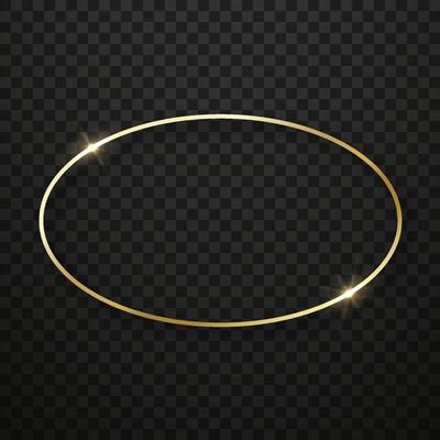 Realistic Golden Oval Frame with Sparkle Effect. Gold Shiny Ellipse Border on Black Transparent Background. Mockup of Glowing Frame. Light Christmas Decoration. Isolated Vector Illustration.