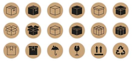 Cajas de paquetería abiertas y cerradas. paquete con símbolo de reciclaje, vidrio, icono frágil. conjunto de iconos de línea y silueta de cajas de cartón. ilustración vectorial aislada. vector