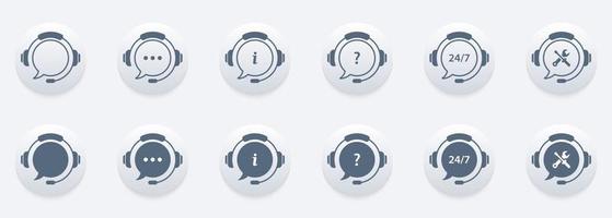 Client Support Service on White Background. Headset with Question Mark, Ellipsis. Hotline Concept Silhouette and Line Icons. Around Clock Telephone and Online Help Pictogram. Vector Illustration