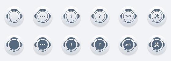 Client Support Service on White Background. Headset with Question Mark, Ellipsis. Hotline Concept Silhouette and Line Icons. Around Clock Telephone and Online Help Pictogram. Vector Illustration