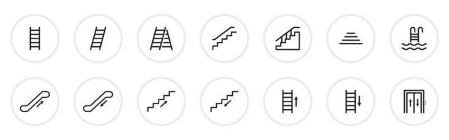 Set of Staircases Line Icon. Stairs Linear Pictogram. Climb Up or Go Down on Steps. Ladder, Elevator, Stairway, Escalator, Pool Stair Outline Icon. Isolated Vector Illustration.