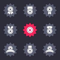 Set of White Medals Icons with Ribbon and Stars. Award Collection for Sport Champion. Round Rewards for Winner of Competition. Isolated Vector Illustration.