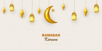 Ramadan Kareem concept horizontal banner with islamic geometric patterns. Traditional golden lanterns, arabesques, moon and stars. Vector illustration.