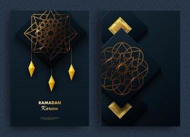 Creative modern design with geometric arabic gold pattern on textured background. Islamic holy holiday Ramadan Kareem. Greeting card or banner. Vector illustration