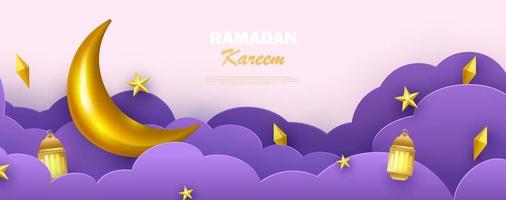 Ramadan Kareem horizontal banner with 3d arabic stars and moon. Greeting card, poster and voucher. Islamic crescent with hanging traditional lanterns in the clouds. Vector