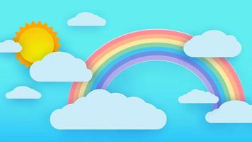 Beautiful fluffy clouds against a blue sky with the summer sun and a rainbow. Vector illustration. Paper cut style. Place for text