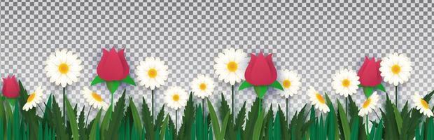 White daisies and roses in the grass on an isolated transparent background. Paper style. Template for banner, poster, presentation. vector