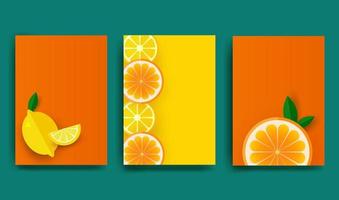 Orange poster. Sliced slices of orange and lemon with leaves. Fruit pattern for brochure, layout design, banner, cover, flyer. Vector illustration.