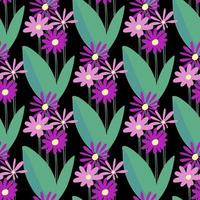 Vector seamless pattern with flowers violet color on black background