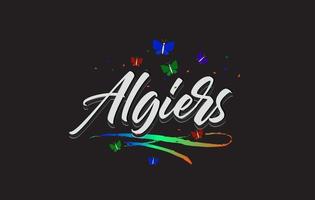 White Algiers Handwritten Vector Word Text with Butterflies and Colorful Swoosh.