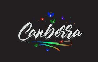 White Canberra Handwritten Vector Word Text with Butterflies and Colorful Swoosh.